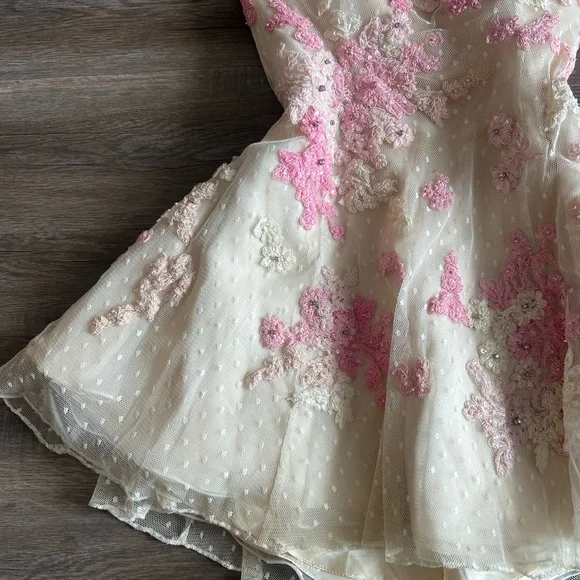 Sherri Hill Pink and Cream Floral Embroidered Lace Embellished Dress - Picture 3 of 16